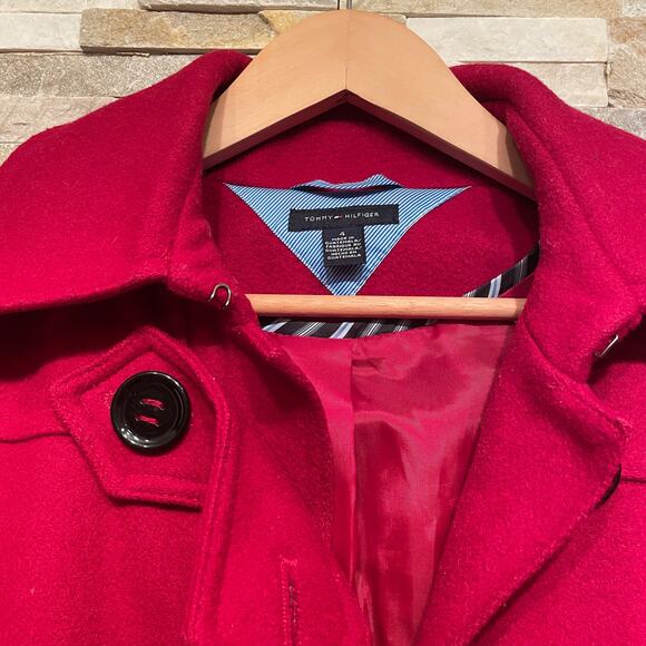 Tommy Hilfiger 4 Wool Toggle Coat | Scarlet Red Removable Hood Holiday Jacket - Picture 4 of 11